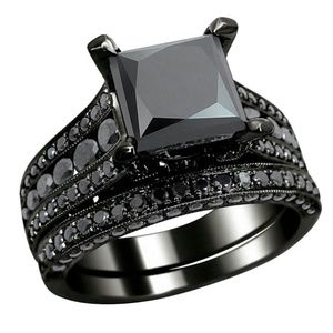 Black Gray Wedding Engagement Ring Band Set
